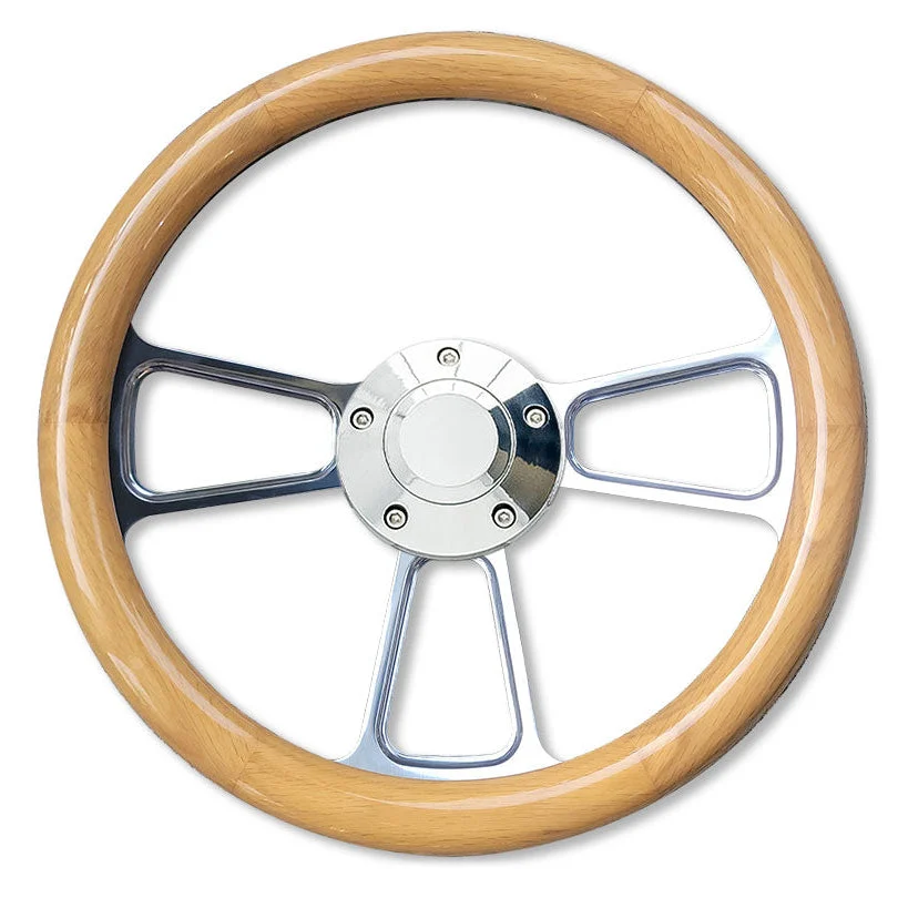 Polished Billet Steering Wheel w/Natural Oak Wood Wrap