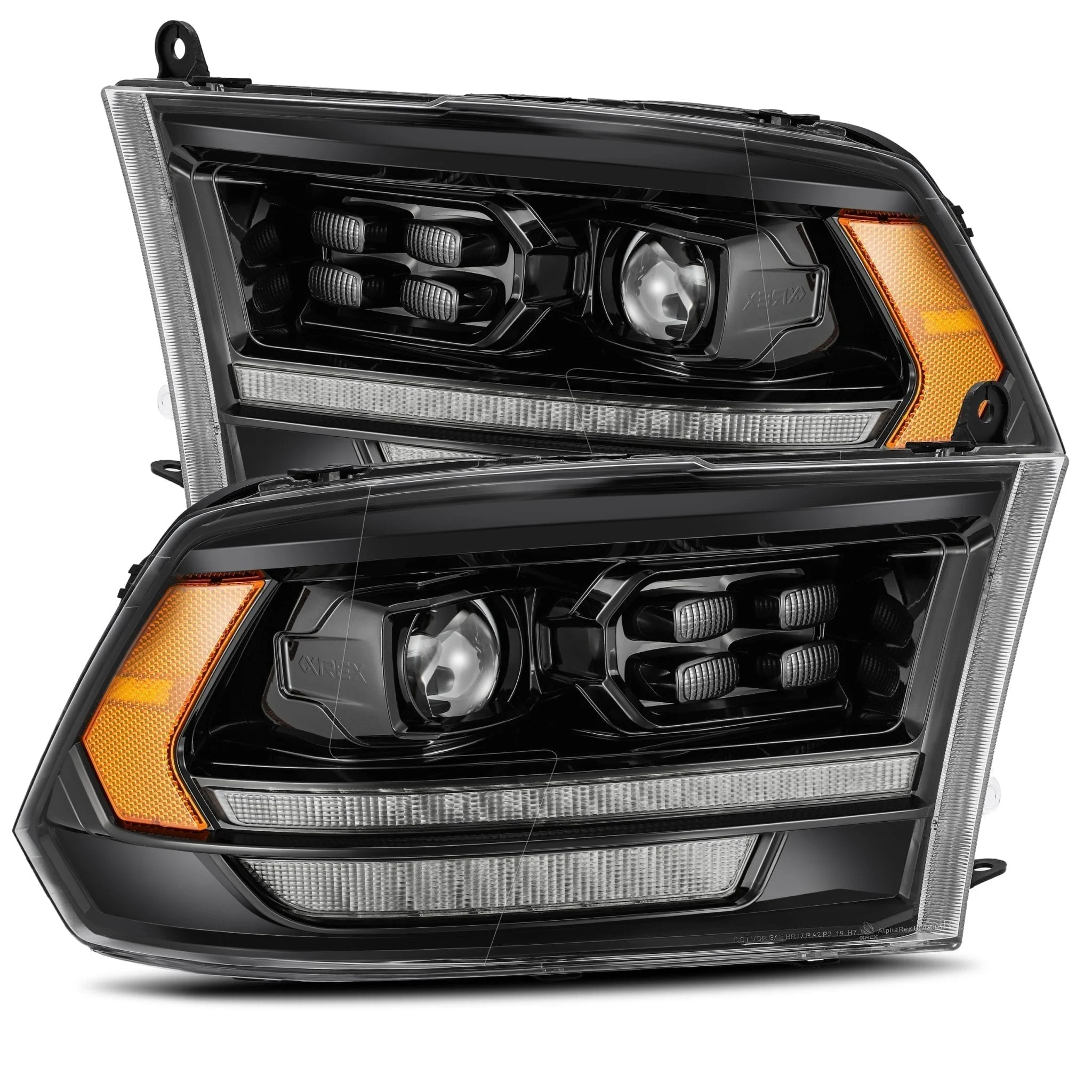 2009-2018 Dodge Ram Projector Headlights Plank Style Design Alpha Black w/ Sequential Signal, Top/Bottom DRL. Alpha Rex 880524