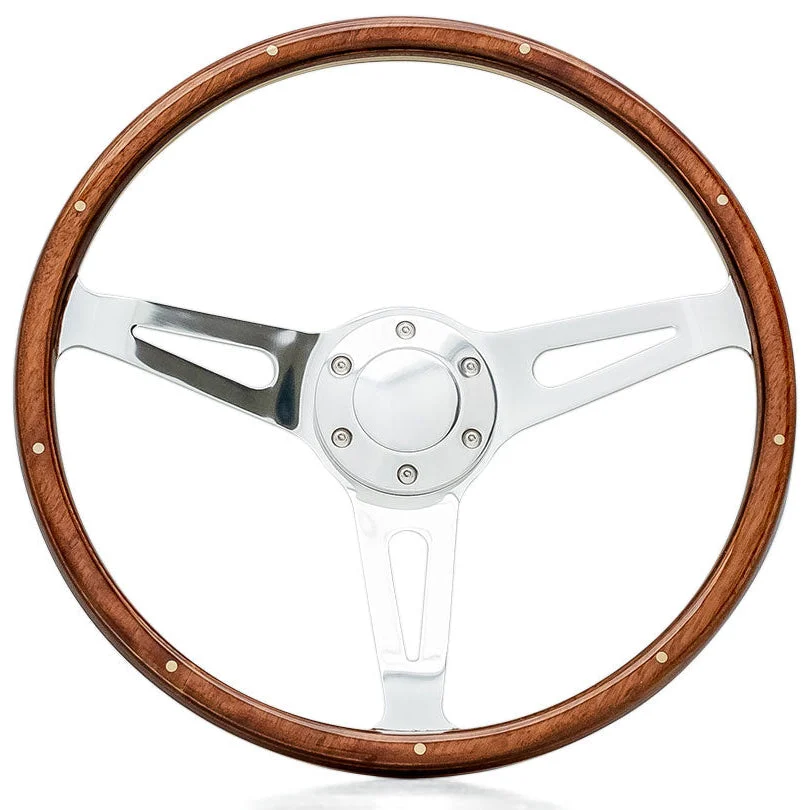 Vintage Silver Steering Wheel w/Full Wood Wrap