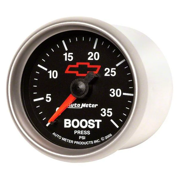 Auto Meter Chevy Black Series 2-1/16-Inch Boost Gauge; 0-35 PSI; Mechanical (Universal; Some Adaptation May Be Required)