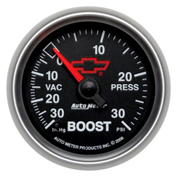 Auto Meter Chevy Black Series 2-1/16-Inch Boost/Vacuum Gauge; 30 inHG / 30 PSI; Digital Stepper Motor (Universal; Some Adaptation May Be Required)