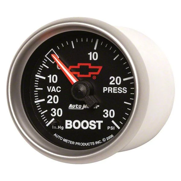 Auto Meter Chevy Black Series 2-1/16-Inch Boost/Vacuum Gauge; 30 inHG / 30 PSI; Mechanical (Universal; Some Adaptation May Be Required)