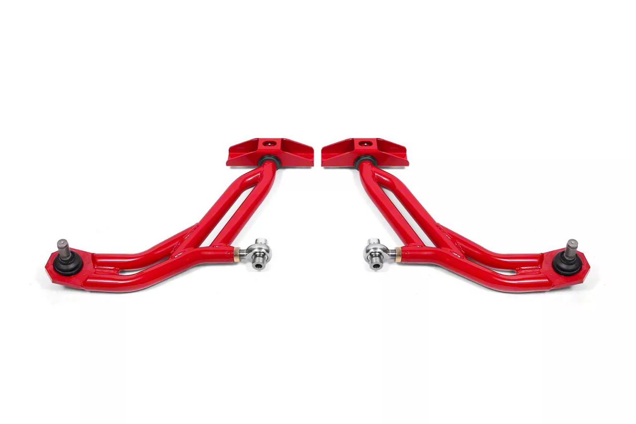 BMR Adjustable Front Lower Control A-Arms; Delrin/Rod End Combo; 19mm Standard Ball Joint; Red (10-14 Mustang)