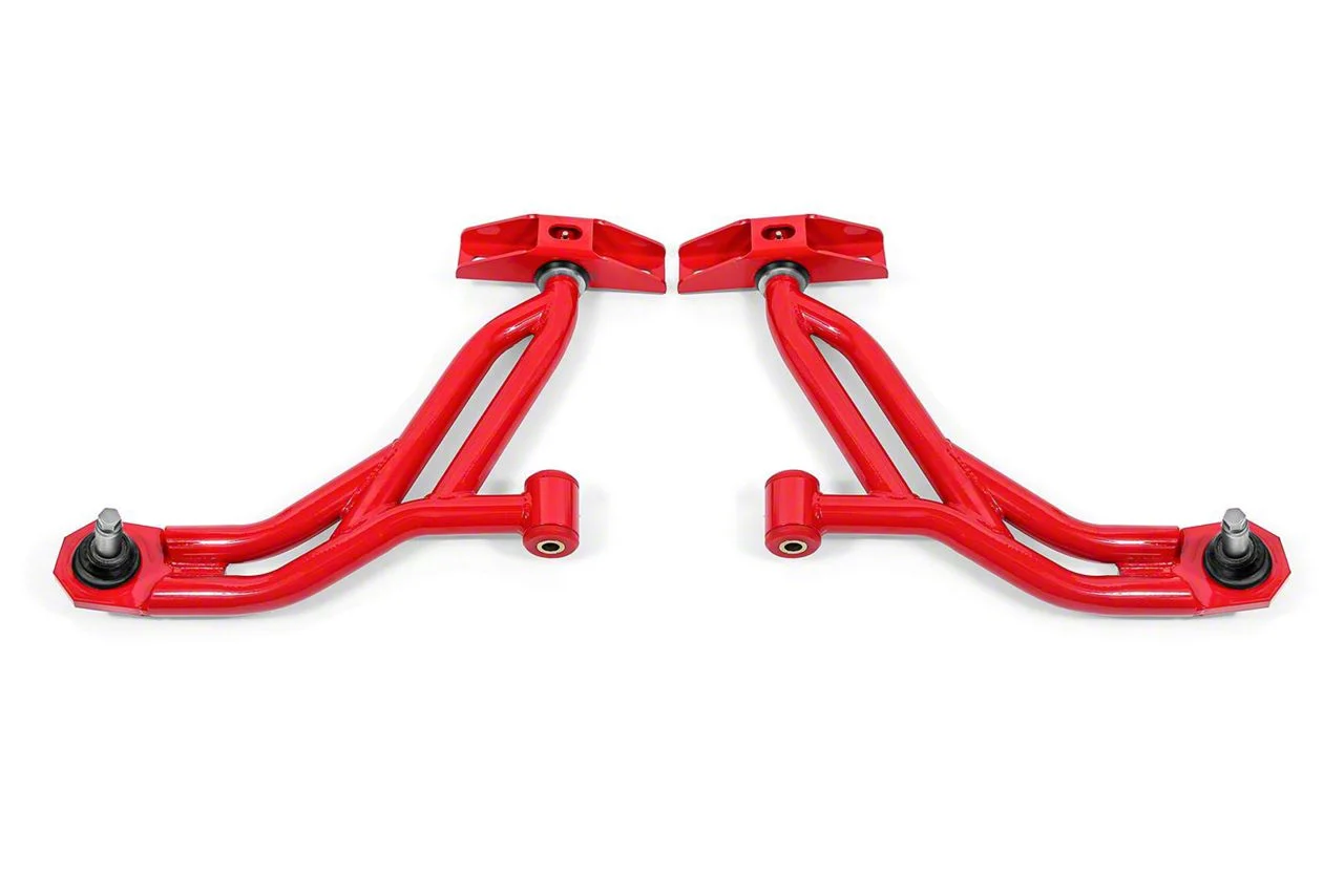 BMR Non-Adjustable Front Lower Control A-Arms; Polyurethane/Delrin Combo; 19mm Tall Ball Joint; Red (10-14 Mustang)