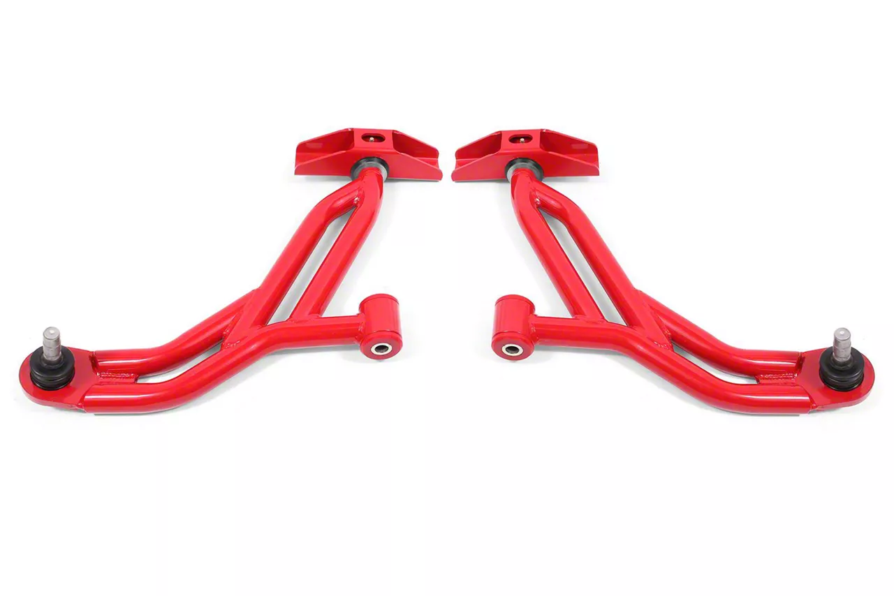 BMR Non-Adjustable Front Lower Control A-Arms; Polyurethane/Delrin Combo; 18mm Standard Ball Joint; Red (05-09 Mustang)