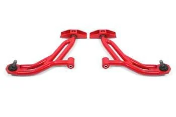 BMR Non-Adjustable Front Lower Control A-Arms; Polyurethane/Delrin Combo; 19mm Standard Ball Joint; Red (10-14 Mustang)