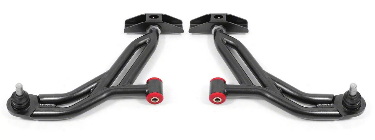 BMR Non-Adjustable Front Lower Control A-Arms; Polyurethane/Delrin Combo; 18mm Standard Ball Joint; Black Hammertone (05-09 Mustang)