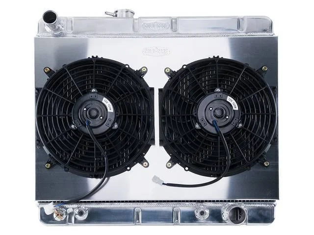 RADIATOR AND FAN KIT, Cold Case, incl down flow 2 row aluminum radiator (OE style, can be painted black for OE look, 25.25 inch width x 15.5 inch height core size, 20.125 inch overall height, 1.5 inch LH inlet, 1.8125 inch RH outlet, LH offset fill cap, d