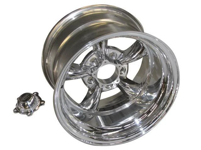 Wheel, Torq Thrust II, one piece Polished Alloy, 15 Inch O.D. X 10 Inch Width, 5 x 4 3/4 Inch Bolt Circle, 3 3/4 Inch Back Spacing, Incl Center Cap