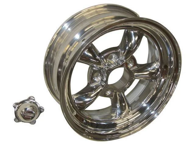Wheel, Torq Thrust II, one piece Polished Alloy, 15 Inch O.D. X 6 Inch Width, 5 x 4 3/4 Inch Bolt Circle, 3 3/8 Inch Back Spacing, Incl Center Cap