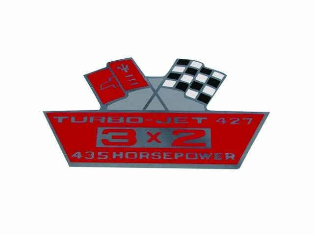 Air Cleaner Decal, Cross Flags design (one red flag, one checkered) w/ *TURBO-JET 427*, *3 X 2* and *435 HORSEPOWER* on a red background, reproduction