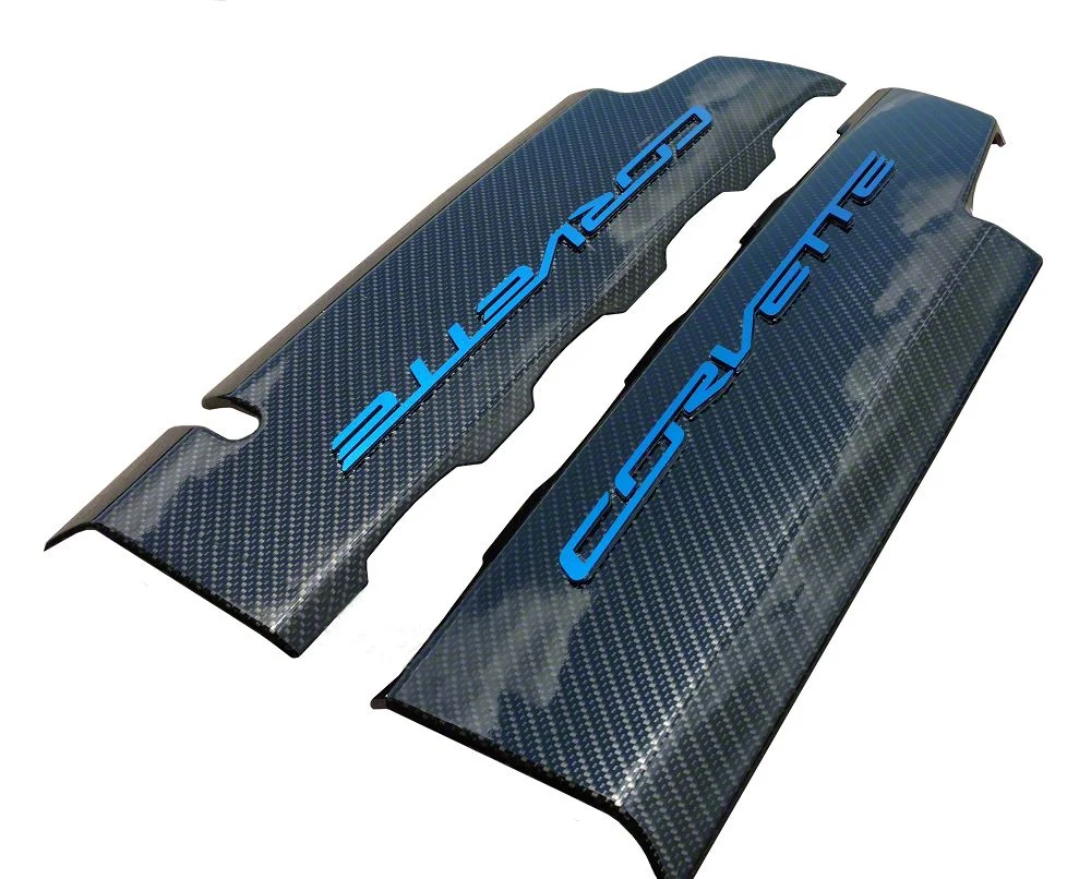 CA Hydro Carbon Fiber Fuel Rail Covers with Admiral Blue Letters; Smooth Gloss Clear Finish (14-19 Corvette C7 Grand Sport, Stingray)