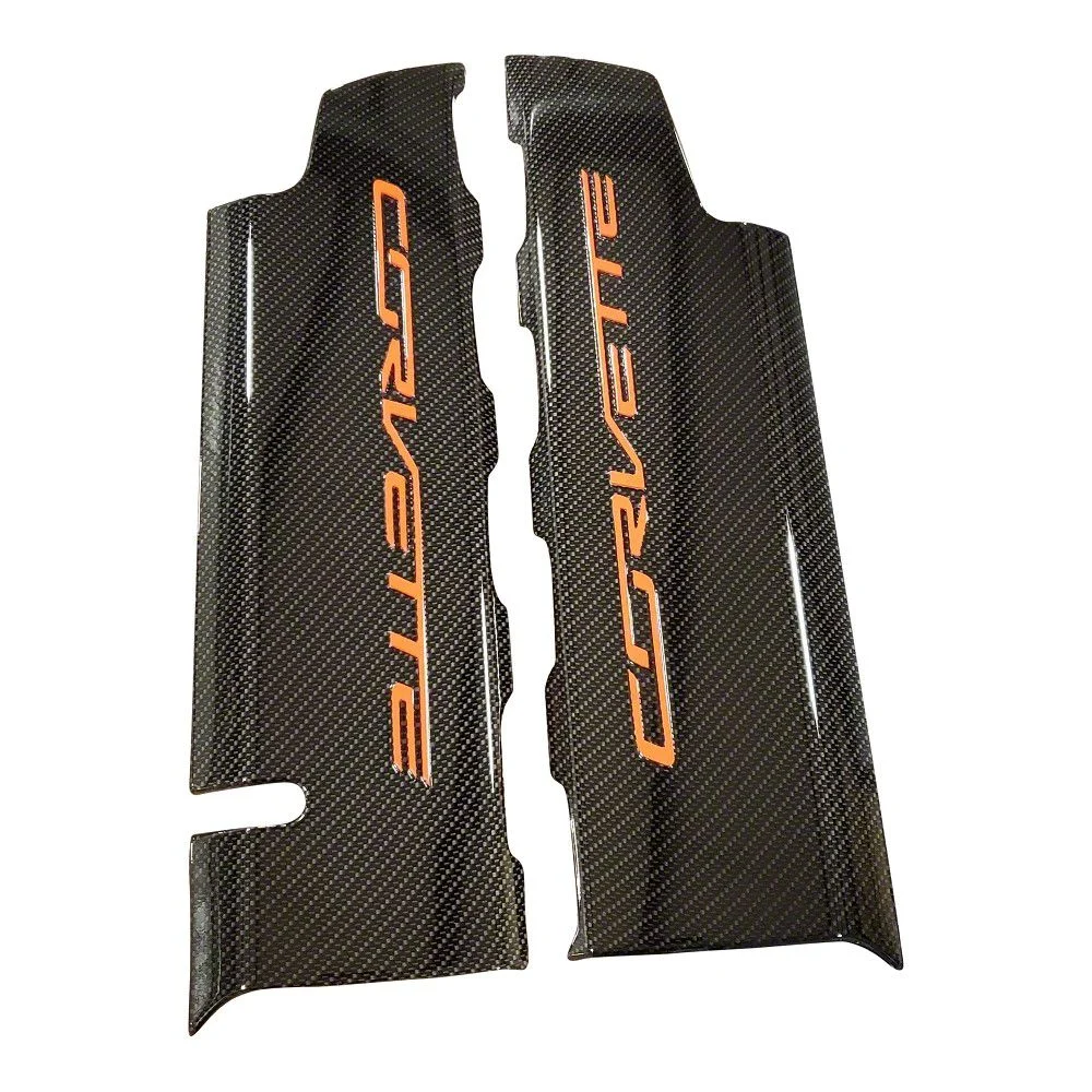 CA Hydro Carbon Fiber Fuel Rail Covers with Daytona Sunrise Orange Letters; OEM Textured Gloss Clear Finish (14-19 Corvette C7 Grand Sport, Stingray)