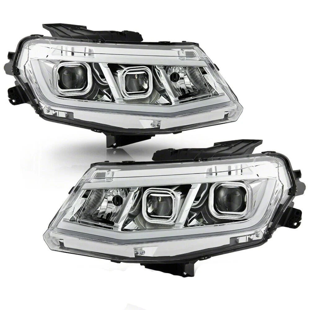 Light Tube DRL Projector Headlights; Chrome Housing; Clear Lens (16-18 Camaro w/ Factory Halogen Headlights)
