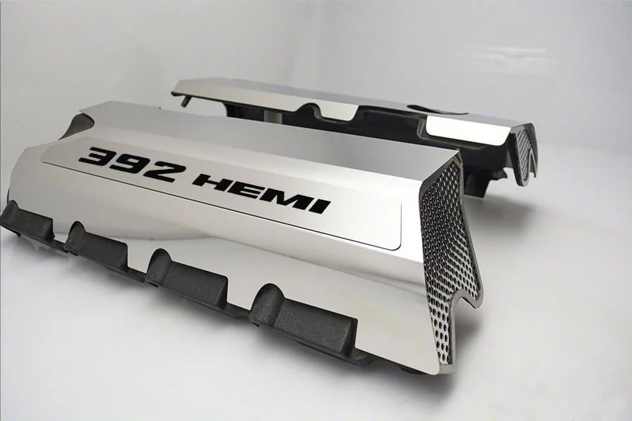 Polished Fuel Rail Covers with 392 HEMI Lettering; Black Carbon Fiber (15-23 6.4L HEMI Challenger w/o Shaker Hood)
