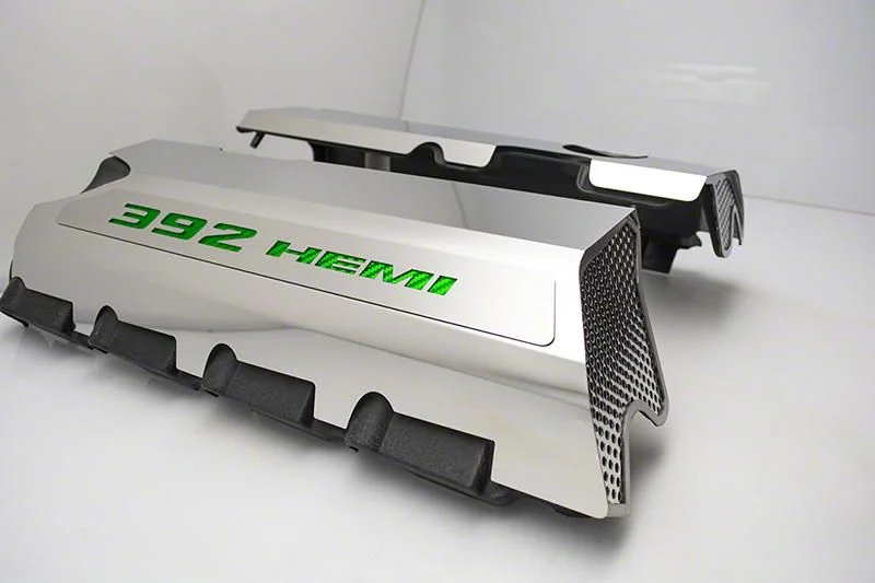 Polished Fuel Rail Covers with 392 HEMI Lettering; Green Carbon Fiber (15-23 6.4L HEMI Challenger w/o Shaker Hood)