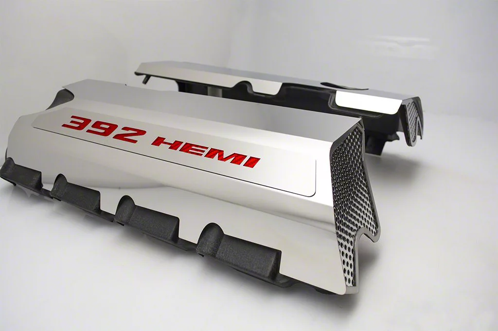 Polished Fuel Rail Covers with 392 HEMI Lettering; Red Carbon Fiber (15-23 6.4L HEMI Challenger w/o Shaker Hood)