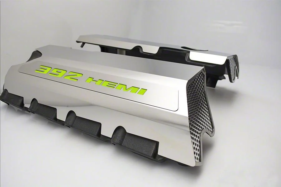 Polished Fuel Rail Covers with 392 HEMI Lettering; Solid Sublime Green (15-23 6.4L HEMI Challenger w/o Shaker Hood)