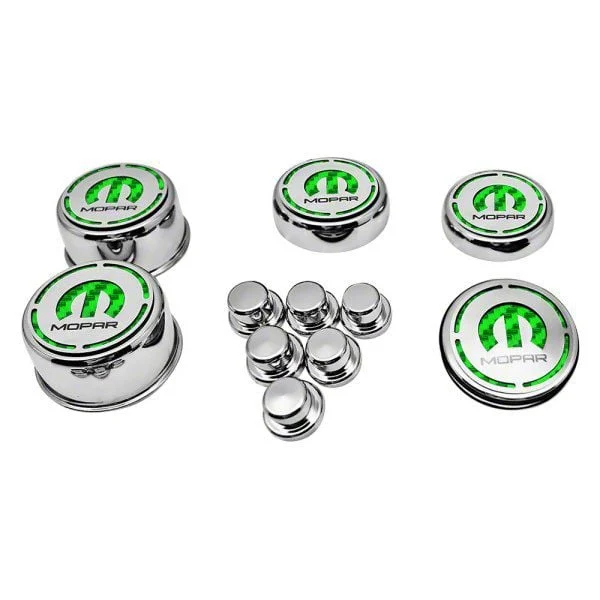 Deluxe Engine Caps with MOPAR Logo; Green Carbon Fiber (08-23 5.7L HEMI Charger)