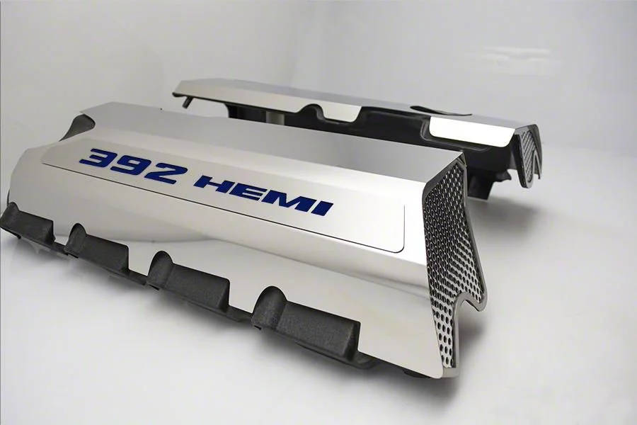 Polished Fuel Rail Covers with 392 HEMI Lettering; Blue Carbon Fiber (15-23 6.4L HEMI Charger w/o Shaker Hood)