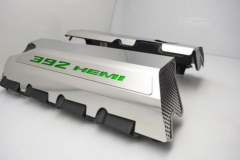 Polished Fuel Rail Covers with 392 HEMI Lettering; Green Carbon Fiber (15-23 6.4L HEMI Charger w/o Shaker Hood)