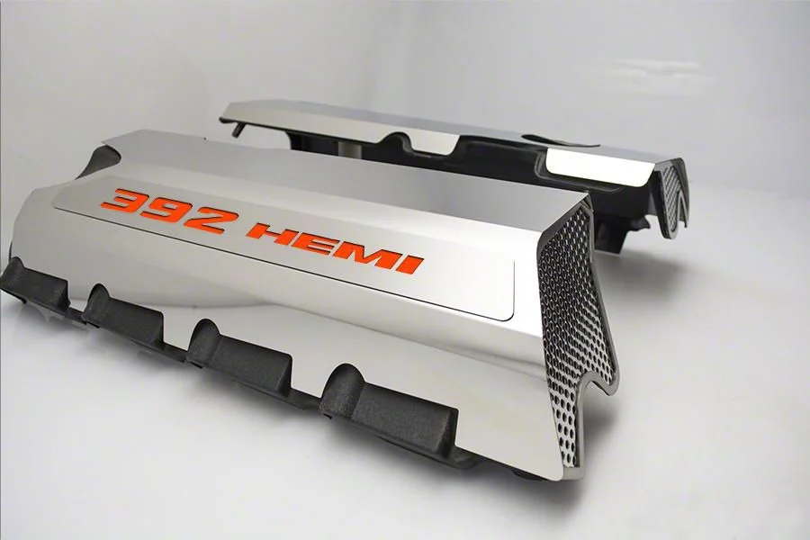 Polished Fuel Rail Covers with 392 HEMI Lettering; Orange Carbon Fiber (15-23 6.4L HEMI Charger w/o Shaker Hood)