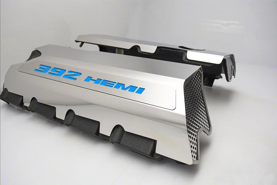 Polished Fuel Rail Covers with 392 HEMI Lettering; Solid MOPAR Blue (15-23 6.4L HEMI Charger w/o Shaker Hood)