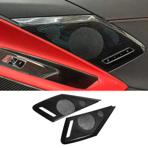 Interior Door Speaker Covers; Black Carbon Fiber (20-26 Corvette C8)
