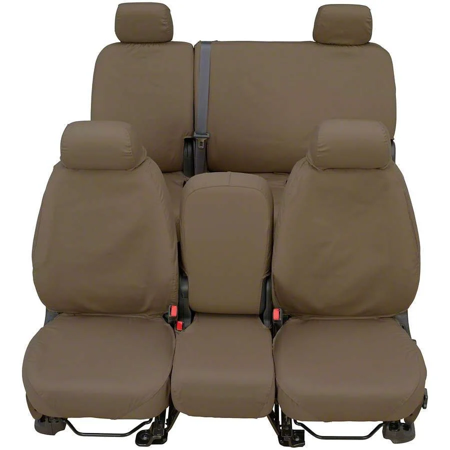 Covercraft Seat Saver Waterproof Polyester Custom Front Row Seat Covers; Taupe (15-16 Sierra 3500 HD w/ Bench Seat & Fold-Down Center Console w/ a Lid/Cupholder & Seat Airbags)