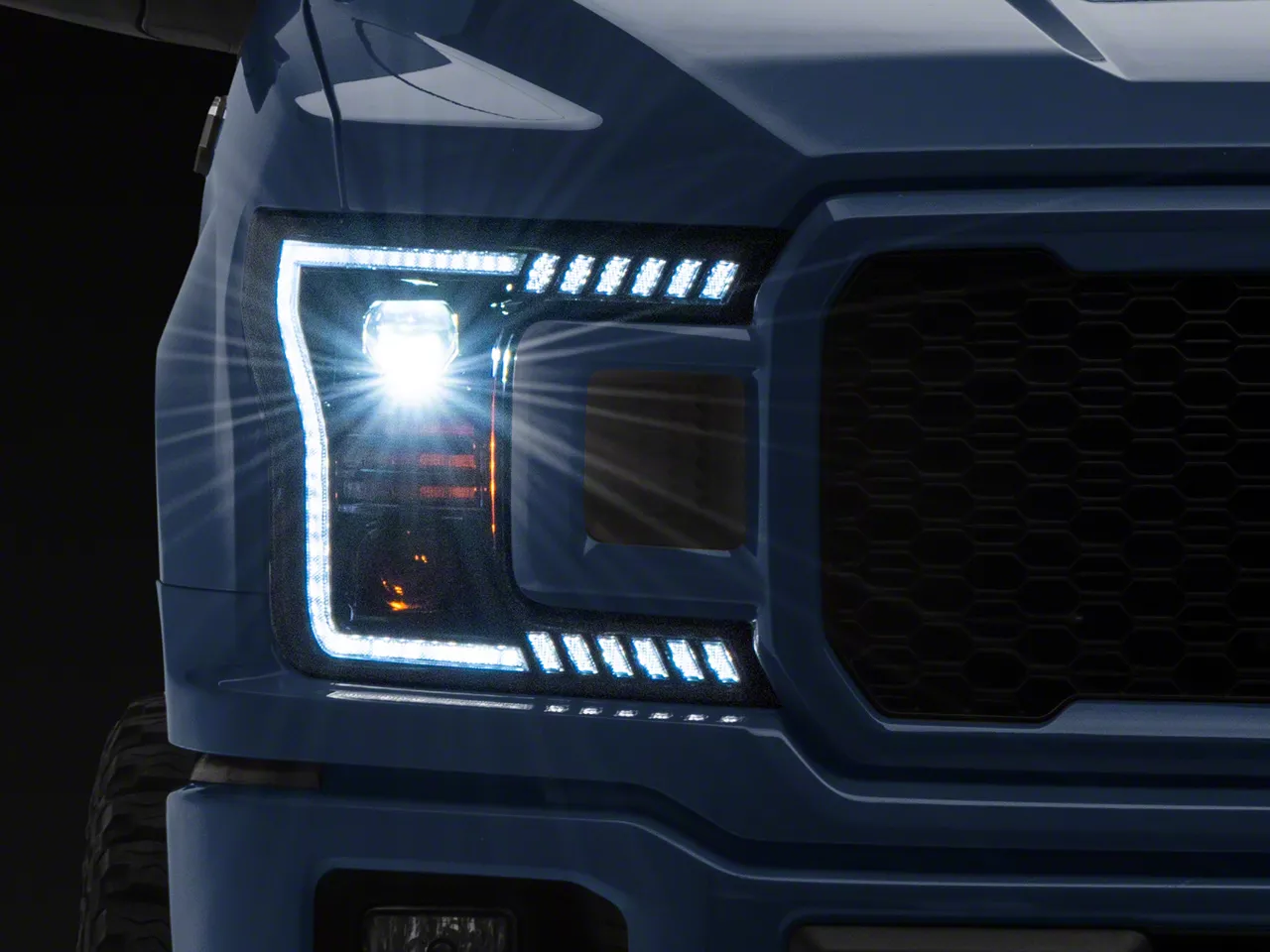 Full LED 2 Projector Headlights with White DRL Sequential Turn Signal; Black Housing; Clear Lens (18-20 F-150 w/ Factory Halogen Headlights)