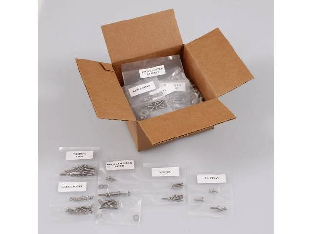 FASTENER KIT, Cab, unpolished stainless steel, features hex head bolts, (530) incl fasteners for arm rest, ash tray, battery box, door hinges, door jamb sill and latch, door sill and panels, front bumper, front bumper bracket, gauge panel, glove box, gril