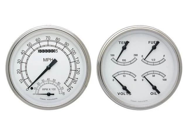 GAUGE KIT, Classic Instruments, Classic White Series (gauge has black pointer w/ black markings on a white face), incl 5 inch speedometer w/ smAller tachometer, 5 inch quad gauge w/ fuel, oil, temperature, volts