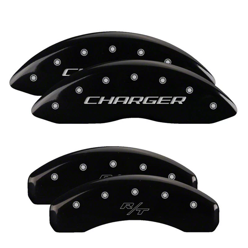 MGP Brake Caliper Covers with Charger and R/T Logo; Black; Front and Rear (08-14 Challenger SRT8; 2015 Challenger SRT 392; 15-23 Challenger Scat Pack w/ 4-Piston Front Calipers)