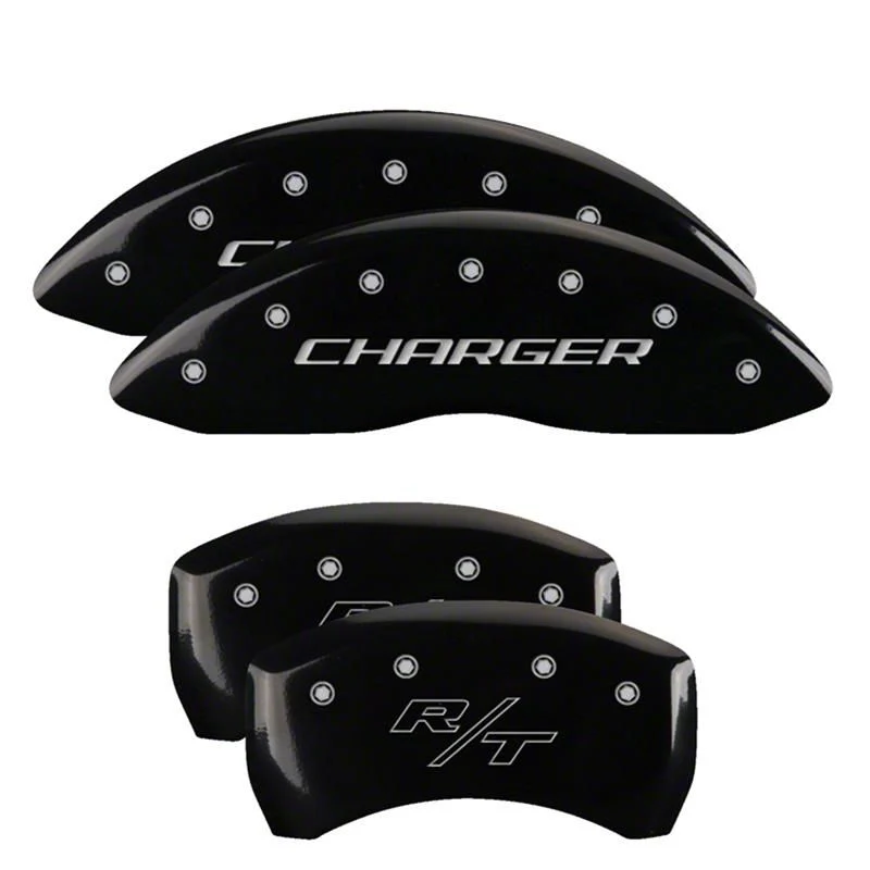 MGP Brake Caliper Covers with Charger and R/T Logo; Black; Front and Rear (2011 Challenger SE; 11-14 Challenger R/T w/ Single Piston Front Calipers; 12-23 Challenger SXT w/ Single Piston Front Calipers)