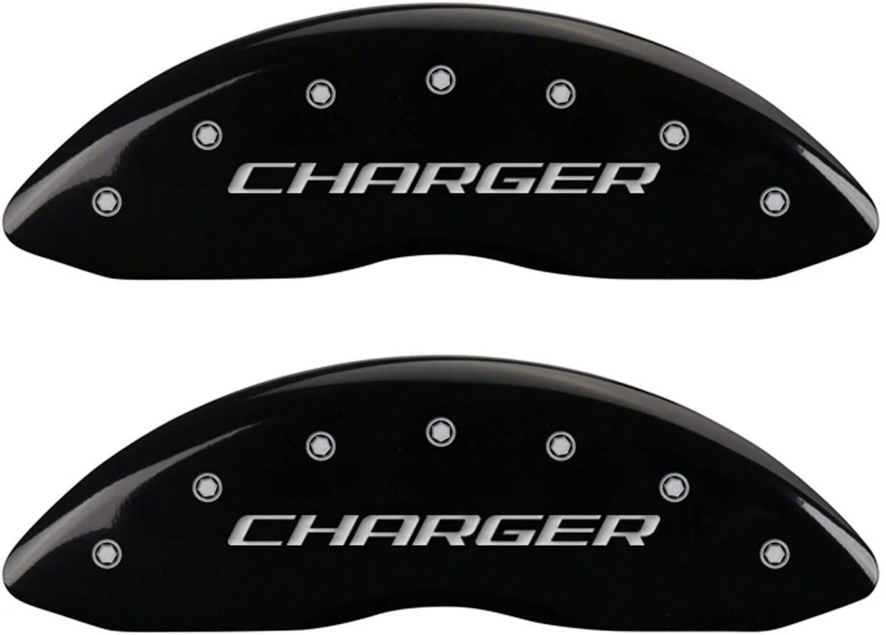 MGP Brake Caliper Covers with Charger and R/T Logo; Black; Front and Rear (06-10 Charger Daytona R/T, R/T)