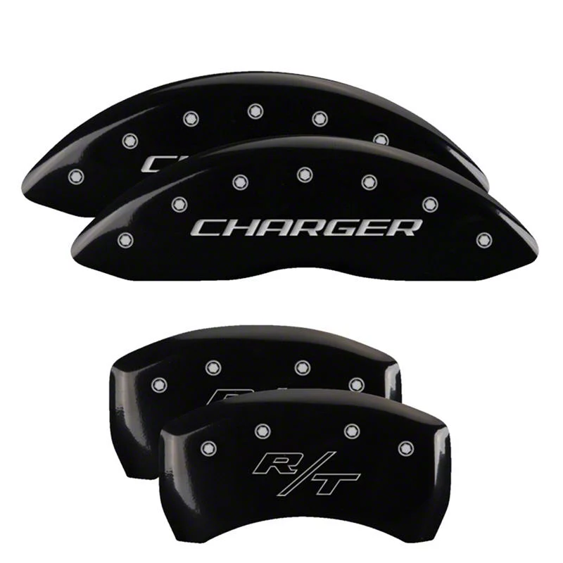 MGP Brake Caliper Covers with Charger and R/T Logo; Black; Front and Rear (06-10 Charger Base, SE, SXT)
