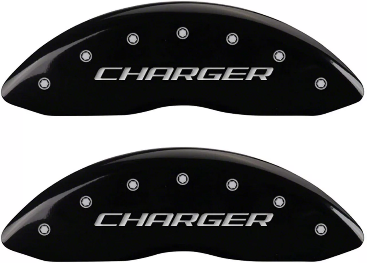 MGP Brake Caliper Covers with Charger and R/T Logo; Black; Front and Rear (11-23 Charger R/T, SXT w/ Dual Piston Front Calipers; 15-17 AWD Charger SE w/ Dual Piston Front Calipers; 18-20 Charger Daytona, GT w/ Dual Piston Front Calipers)Find parts that fit