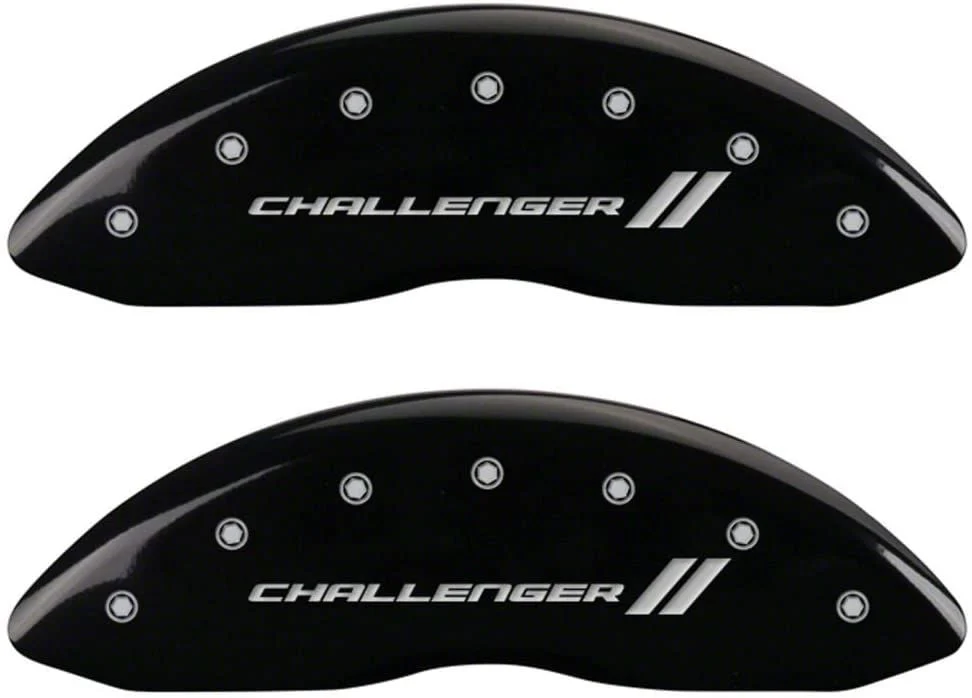 MGP Brake Caliper Covers with Challenger Stripes Logo; Black; Front and Rear (11-18 Charger R/T w/ Single Piston Front Calipers; 11-17 Charger SE w/ Single Piston Front Calipers; 12-23 SXT Charger w/ Single Piston Front Calipers)Find parts that fit my vehi