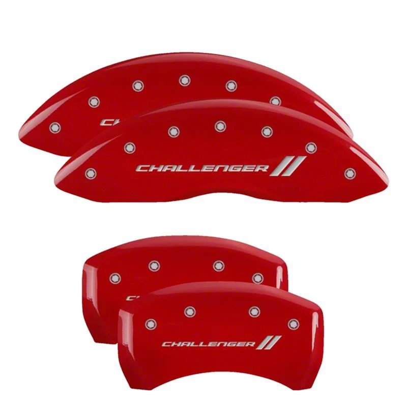 MGP Brake Caliper Covers with Challenger Stripes Logo; Red; Front and Rear (11-23 Charger R/T, SXT w/ Dual Piston Front Calipers; 15-17 AWD Charger SE w/ Dual Piston Front Calipers; 18-20 Charger Daytona, GT w/ Dual Piston Front Calipers)Find parts that fi