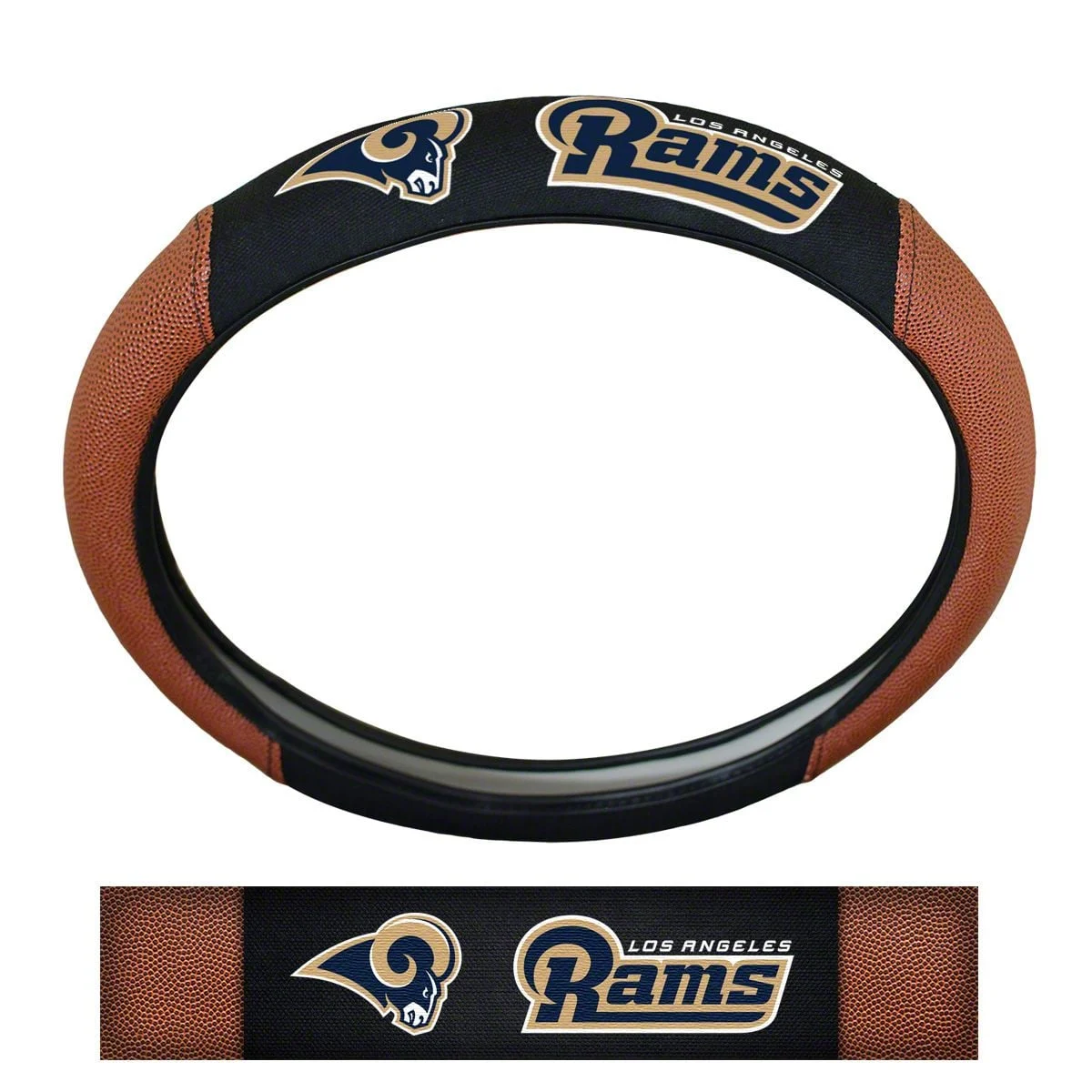 Grip Steering Wheel Cover with Los Angeles Rams Logo; Tan and Black (Universal; Some Adaptation May Be Required)