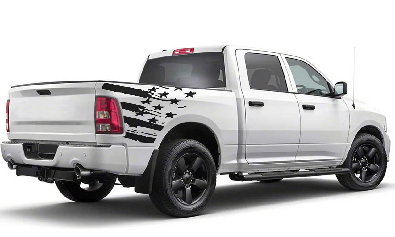 Distressed US Flag Bed Decal; Gloss Black (02-18 RAM 1500)