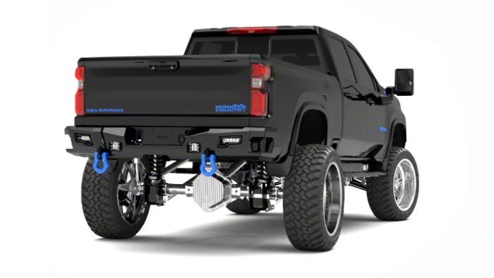 Road Armor iDentity Beauty Ring Rear Bumper with Shackle End Pods, Dual Pod and Single Row Light Bar Pods; Light Textured Black (20-26 Sierra 2500 HD)