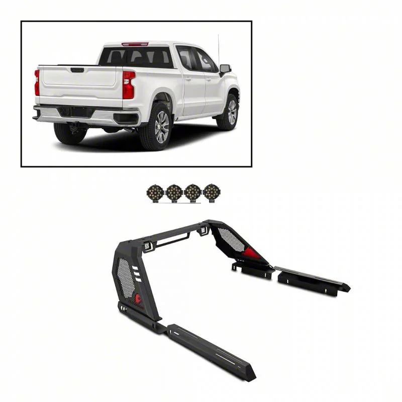 Vigor Roll Bar with 7-Inch Black Round LED Lights; Black (07-26 Sierra 1500)