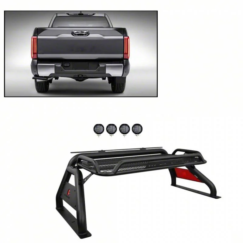 Atlas Roll Bar with 5.30-Inch Black Round Flood LED Lights; Black (07-26 Sierra 3500 HD)