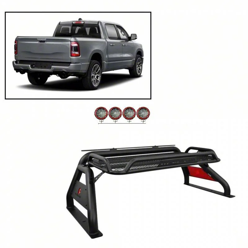 Atlas Roll Bar with 5.30-Inch Red Round Flood LED Lights; Black (07-26 Sierra 3500 HD)