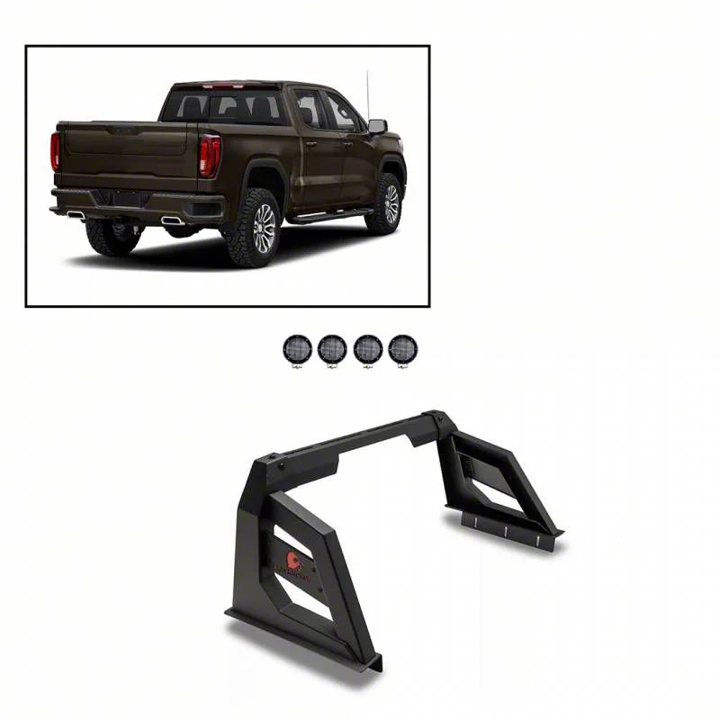 Armour Roll Bar with 5.30-Inch Black Round Flood LED Lights; Black (07-26 Silverado 2500 HD)