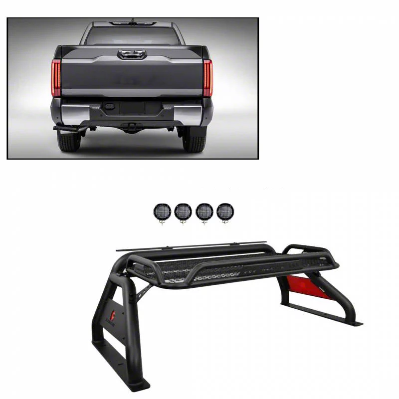 Atlas Roll Bar with 5.30-Inch Black Round Flood LED Lights; Black (07-26 Silverado 2500 HD)