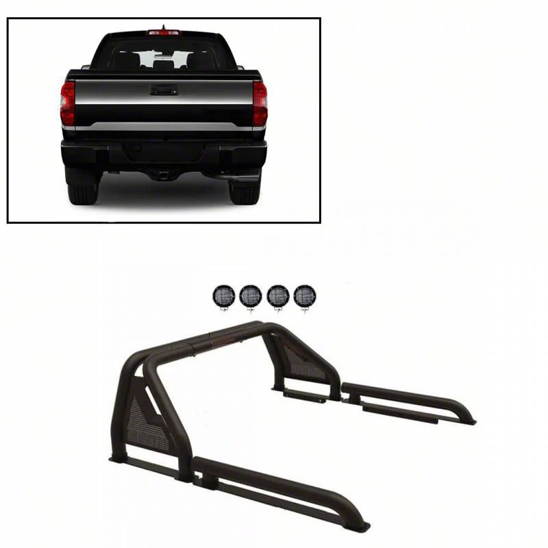 Gladiator Roll Bar with 5.30-Inch Black Round Flood LED Lights; Black (07-26 Silverado 2500 HD)