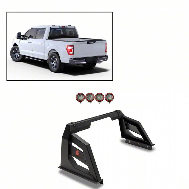 Armour Roll Bar with 5.30-Inch Red Round Flood LED Lights; Black (07-26 Silverado 3500 HD)