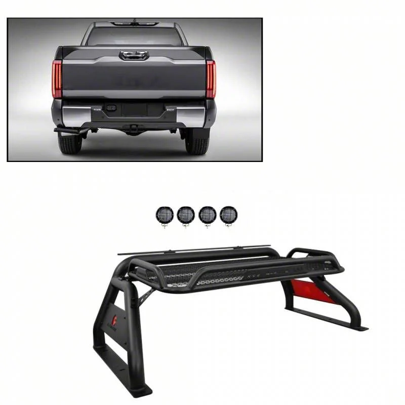 Atlas Roll Bar with 5.30-Inch Black Round Flood LED Lights; Black (07-26 Silverado 3500 HD)